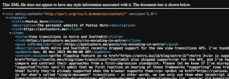 A browser preview of my RSS feed, with syntax highlighting and folded
regions. A text above the code reads "This XML file does not appear to have
any style information associated with it. The document tree is shown
below."